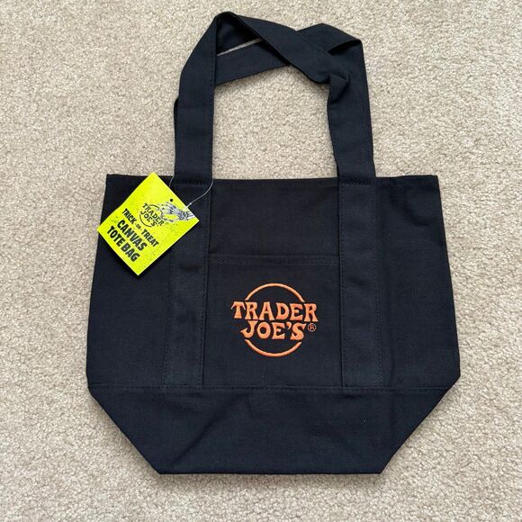 Trader Joes Halloween Mini Canvas Tote Bag Trick or Treat Black Orange NWT - Picture 1 of 3